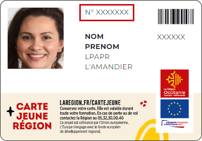 Visuel de la carte jeune avec mise en évidence du numéro de dossier indiqué en haut après le texte « N° »